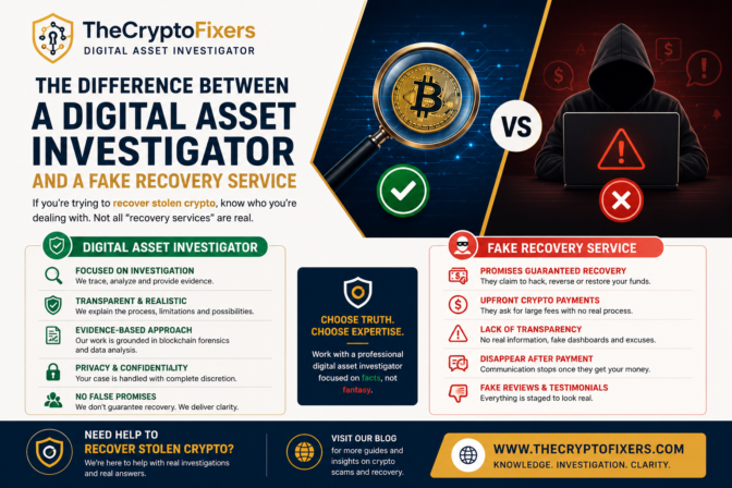 Recover Stolen Crypto: The Difference Between a Digital Asset Investigator and a Fake Recovery Service